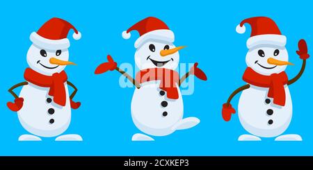 Pupazzo di neve in diverse posizioni. Personaggio di Natale in stile cartoon. Illustrazione Vettoriale