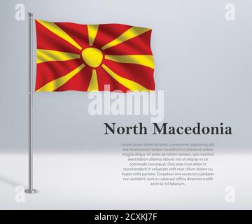 Bandiera sventolante della Macedonia del Nord su flagpole. Modello per indepen Illustrazione Vettoriale