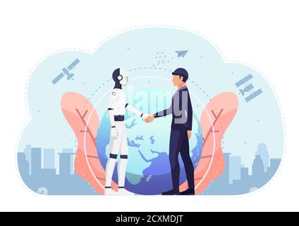 Uomo d'affari e robot ai scuotendo la mano contro il mondo e satellite in background. Tecnologia aziendale e concetto di intelligenza artificiale. Illustrazione Vettoriale