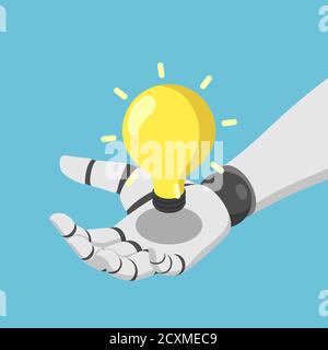 Robot di intelligenza artificiale Flat 3d isometrico ai che tiene la mano di una lampadina brillante. Intelligenza artificiale e concetto di idea. Illustrazione Vettoriale