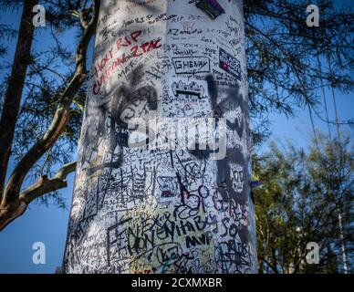 Il polo di potenza coperto da messaggi scritti a mano rende omaggio al rapper americano, Tupac Shakur, che è stato sparato in questo punto a Las Vegas, Nevada. Foto Stock