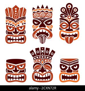 Hawaiano e Polinesia Tiki testa totem vettore design set- tribale arte popolare in marrone su sfondo bianco Illustrazione Vettoriale