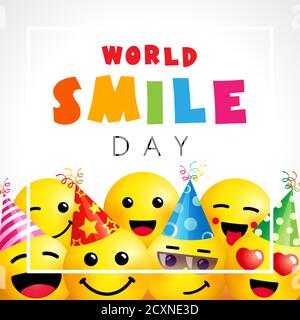 Giornata mondiale del sorriso con icone emoji. Icona sorridente felice e testo colorato per il giorno del sorriso, 2 ottobre. Illustrazione emoticon vettoriale Illustrazione Vettoriale