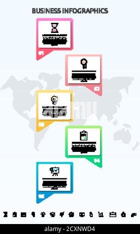 Grafici infografiche con cinque passaggi, etichette. Modello vettoriale utilizzato per diagrammi, attività, Web, banner, layout del flusso di lavoro, presentazioni Illustrazione Vettoriale