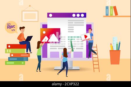 Sul desktop, i piccoli uomini disegnano e creano una landing page. Sui libri da tavolo, un computer, una tazza con matite e penne. Sito Web di progettazione di illustrazioni. Illustrazione Vettoriale