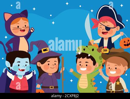 carini bambini vestiti come personaggi diversi di notte disegno grafico vettoriale scenografico Illustrazione Vettoriale