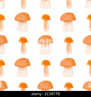 Disegno senza cuciture acquerello illustrazione di funghi porcini su bianco Foto Stock