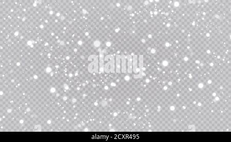 La neve bianca vola su uno sfondo trasparente. Fiocchi di neve di Natale. Illustrazione di sfondo della bizzarda invernale. Illustrazione Vettoriale
