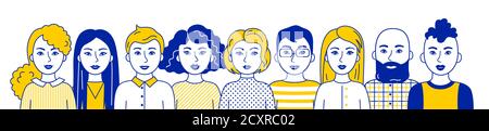 Gruppo di persone, uomini e donne di diverse nazioni, colori della pelle e dei capelli. Set di cartoni animati asiatici, europei, africani semplice ritratto. Societ multietnica Illustrazione Vettoriale