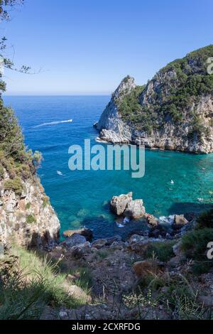 Spiagge della Grecia, spiaggia di Fakistra dall'alto, monte Pelion, distretto di Volos Foto Stock