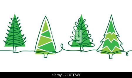 Natale alberi di pino doodle confine. Un disegno a linea continua. Semplice vettore verde alberi di Natale bordo Illustrazione Vettoriale