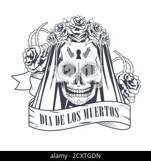 dia de los muertos celebrazione con cranio donna in nastro disegno vettoriale del disegno del telaio Illustrazione Vettoriale