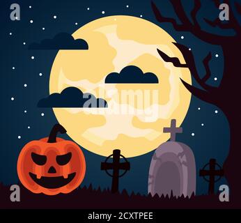 felice celebrazione halloween con zucca in cimitero notte scena vettore disegno dell'illustrazione Illustrazione Vettoriale