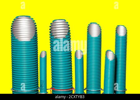 Tubi in polipropilene di diverso diametro per l'uso in imprese di fornitura di acqua e condizionamento d'aria. L'immagine viene isolata su uno sfondo giallo. Foto Stock