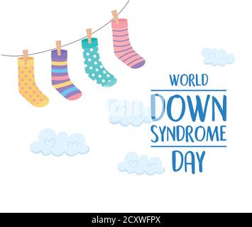 world down sindrome giorno, calze appesi decorazione nubi sfondo carta vettore illustrazione Illustrazione Vettoriale