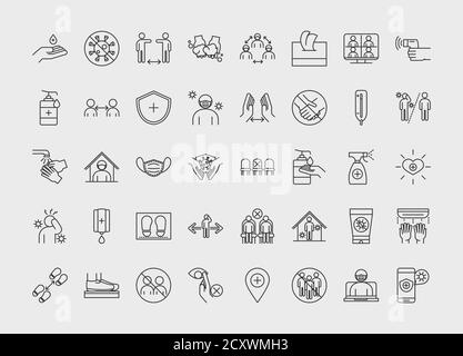 nuovo stile di vita normale dopo la malattia di coronavirus covid 19, stili lineari icone impostare illustrazione vettoriale Illustrazione Vettoriale