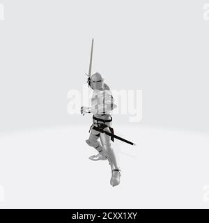 Rendering 3D realistico di un personaggio cavaliere con una spada e una tuta da battaglia completa Foto Stock