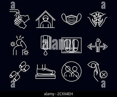 nuovo normale, dopo la malattia di coronavirus covid 19, lineare stili di icone illustrazione vettoriale raccolta Illustrazione Vettoriale