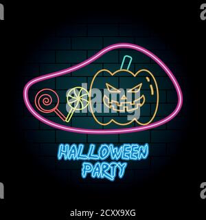 halloween partito al neon luce di zucca e caramelle illustrazione vettoriale design Illustrazione Vettoriale