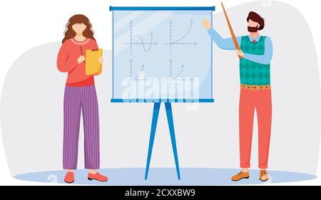 L'insegnante spiega i grafici matematici sull'illustrazione vettoriale piatta della lavagna bianca Illustrazione Vettoriale