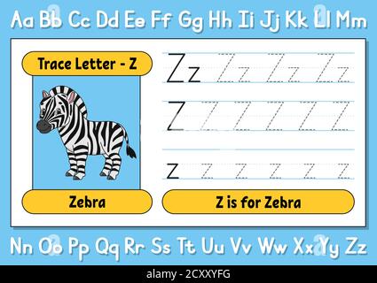 Lettere di traccia. Pratica di scrittura. Foglio di lavoro per i bambini. Imparare l'alfabeto. Carattere carino. Illustrazione vettoriale. Stile cartone animato. Illustrazione Vettoriale