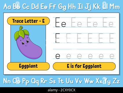 Lettere di traccia. Pratica di scrittura. Foglio di lavoro per i bambini. Imparare l'alfabeto. Carattere carino. Illustrazione vettoriale. Stile cartone animato. Illustrazione Vettoriale