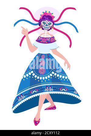 Calavera Catrina ballerina - vettore isolato, immagine del corpo intero. Dia de Los Muertos, personaggio donna scheletro Illustrazione Vettoriale