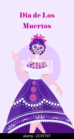 Dia de Los Muertos - modello verticale dei social media. Danza Catrina su sfondo e testo Illustrazione Vettoriale
