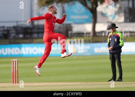 Hove, Regno Unito. 01 Ottobre 2020. Liam Livingstone del Lancashire che vince la partita Vitality Blast T20 tra gli squali del Sussex e il Lancashire Lightning al 1° terreno della contea centrale, Hove Credit: James Boardman/Alamy Live News Foto Stock