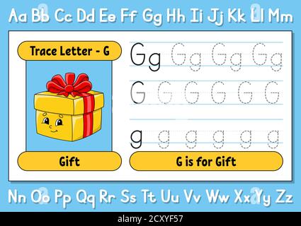 Lettere di traccia. Pratica di scrittura. Foglio di lavoro per i bambini. Imparare l'alfabeto. Carattere carino. Illustrazione vettoriale. Stile cartone animato. Illustrazione Vettoriale