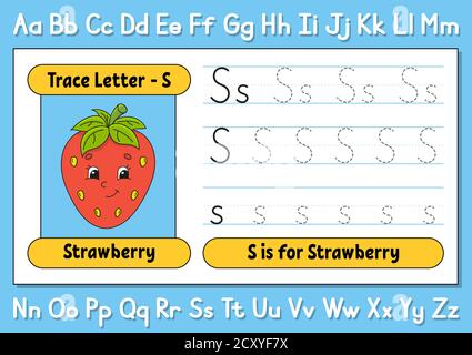 Lettere di traccia. Pratica di scrittura. Foglio di lavoro per i bambini. Imparare l'alfabeto. Carattere carino. Illustrazione vettoriale. Stile cartone animato. Illustrazione Vettoriale