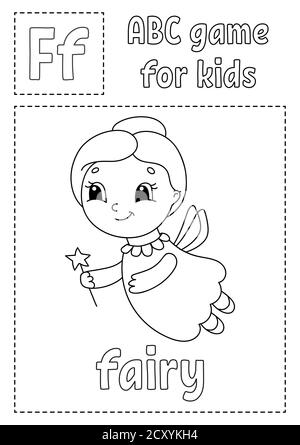 ABC gioco per bambini. Pagina di colorazione alfabetica. Personaggio cartoon. Parola e lettera. Illustrazione vettoriale. Illustrazione Vettoriale