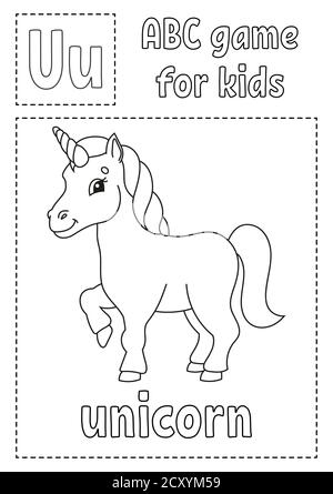 La lettera U è per unicorno. ABC gioco per bambini. Pagina di colorazione alfabetica. Personaggio cartoon. Parola e lettera. Illustrazione vettoriale. Illustrazione Vettoriale