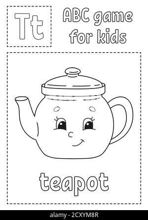 La lettera T è per la teiera. ABC gioco per bambini. Pagina di colorazione alfabetica. Personaggio cartoon. Parola e lettera. Illustrazione vettoriale. Illustrazione Vettoriale
