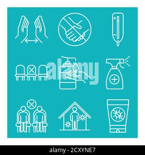 nuova normale, misura prevenzione e protezione, dopo la malattia di coronavirus covid 19, stili lineari icone impostare illustrazione vettoriale Illustrazione Vettoriale