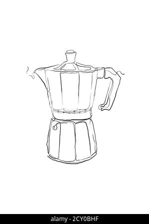 Disegno continuo di una linea della tazza di caffè e della macchina. Illustrazione della linea del caffè. Caffè o tè con una bella tazza e un flusso di fumo Foto Stock