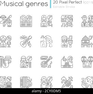 Set di icone lineari pixel Perfect per generi musicali Illustrazione Vettoriale