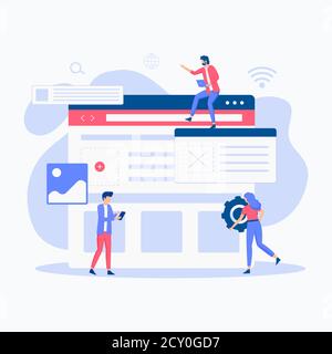 Informazioni sulla configurazione del sito Web. Illustrazione di siti Web, landing page, applicazioni mobili, poster e banner. Foto Stock