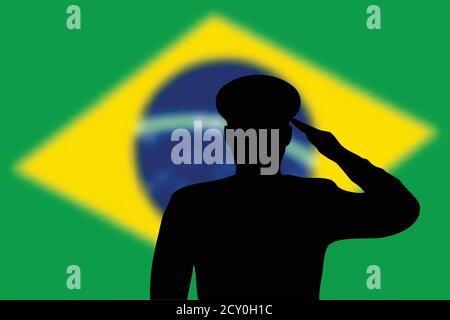 Silhouette a saldare su sfondo sfocato con bandiera brasiliana. Illustrazione Vettoriale