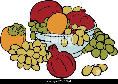 Vettore ancora vita illustrazione di frutta matura in ciotola. Persimmons, melograno e uva. Concetto di illustrazione decorativa per il negozio di frutta. Illustrazione Vettoriale