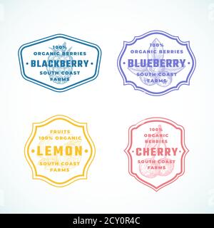 Set di simboli vettoriali, simboli o modelli di logo per frutti organici e berrii astratti. Black Berry, Limone e Cherry Sketch Sillhouette con retro classico Illustrazione Vettoriale