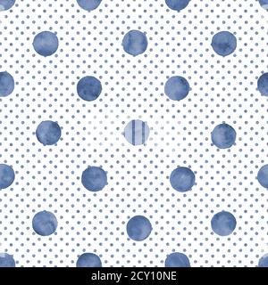 Polka dot blu navy indaco motivo senza cuciture acquerello. Cerchi astratti di colore acquerello su sfondo bianco. Texture rotonda disegnata a mano. Stampa Foto Stock