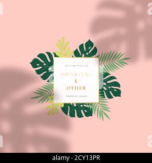 Monstera Tropical Leaves Summer Sign o Logo Template. Coliage verde astratto con bordo quadrato e tipografia di classe. Foglie di palmo con illuminazione naturale Illustrazione Vettoriale