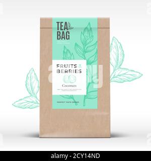 Borsa di carta artigianale con etichetta di tè alla frutta e alle Berries. Layout di progettazione di packaging vettoriale astratto con ombre realistiche. Tipografia moderna, disegnata a mano Illustrazione Vettoriale