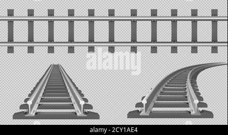 Binario del treno, ferrovia dritta e in curva in alto e vista prospettica. Serie vettoriale realistica di linee tranviarie, strade per locomotori e vagoni con rotaie, allacciature e cravatte in cemento Illustrazione Vettoriale