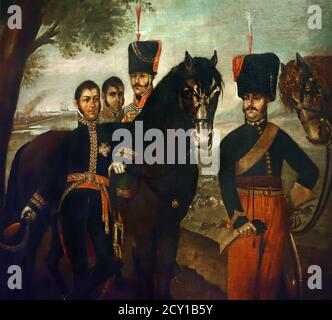 GENERALE JOSE SAN MARTIN 1778-1850 IL SUO STAFF E IL SUO GENERALE L ANTONIO JOSE DE SUCRE- DET- 12 luglio 1821 l'argentino José de San Martín (1778–1850) è stato un generale spagnolo-argentino e il primo leader della parte meridionale e centrale della lotta per l'indipendenza del Sud America dall'Impero spagnolo. Foto Stock