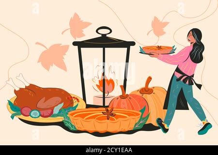 Festa del Ringraziamento autunnale o cena invito modello piatto vettore. Illustrazione Vettoriale