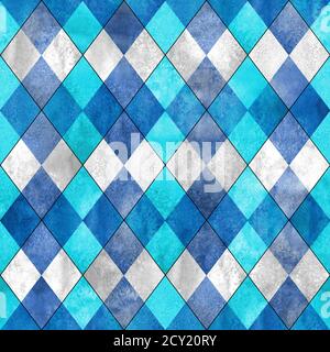 Modello a plaid senza cuciture Argyle. Acquerello disegnato a mano grigio blu teal turchese texture sfondo. Watercolor diamante forme sfondo. Stampa per clo Foto Stock