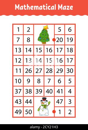 Labirinto rettangolare matematico. Gioco per bambini. Numero labirinto. Foglio di lavoro Education. Pagina attività. Indovinello per bambini. Personaggi cartoni animati. Illustrazione Vettoriale