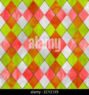 Modello a plaid senza cuciture Argyle. Acquerello disegnato a mano grigio arancio limone verde texture sfondo. Watercolor diamante forme sfondo. Stampa per coagulo Foto Stock